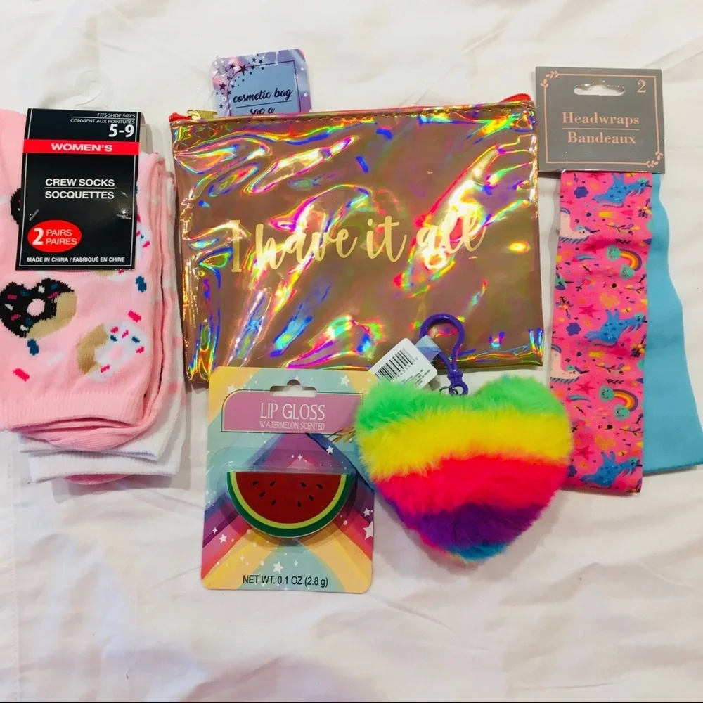 NWT UNICORN HEADBANDS,COSMETIC BAG, SOCKS LIP GLOSS